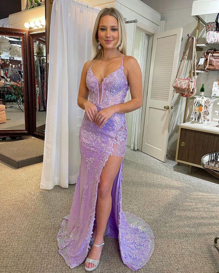 Pretty Mermaid Lavender Sequins V Neck Prom Dresses Lace With Applique MyChicDress