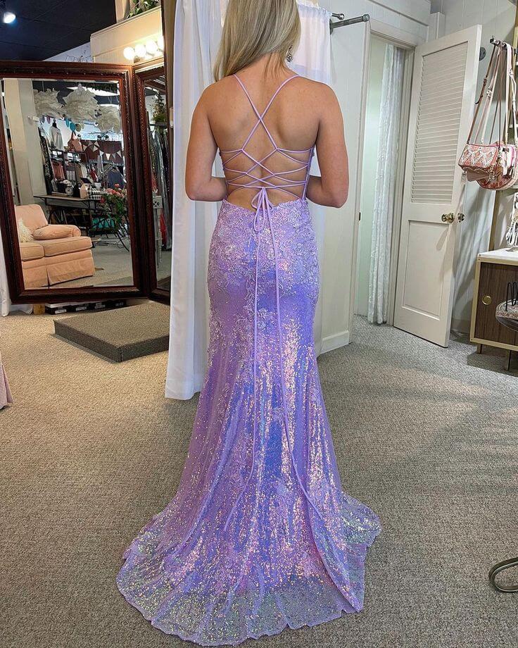 Pretty Mermaid Lavender Sequins V Neck Prom Dresses Lace With Applique MyChicDress