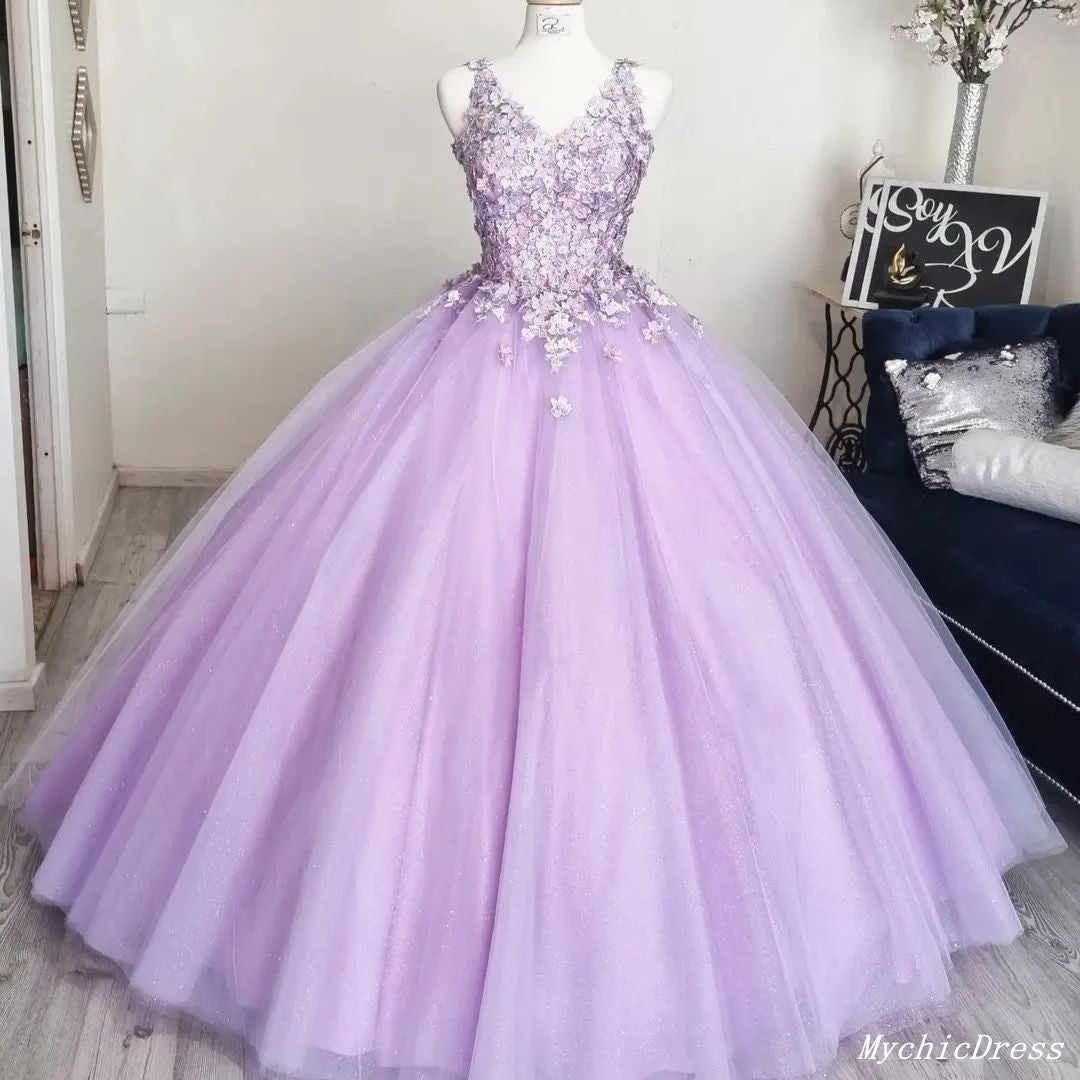 Princess Flowers Lavender Flowers Quinceanera Dresses Ball Gown with Petticoat Free MyChicDress