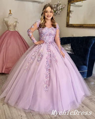 Princess Flowers Lilac Ball Gown Quinceanera Dresses Long Sleeves Lace Up Back MyChicDress