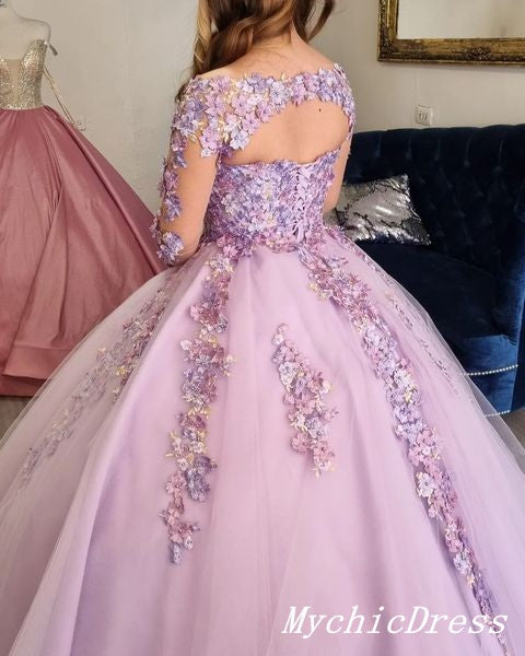 Princess Flowers Lilac Ball Gown Quinceanera Dresses Long Sleeves Lace Up Back MyChicDress