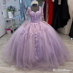 Princess Flowers Lilac Ball Gown Quinceanera Dresses Long Sleeves Lace Up Back MyChicDress