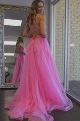 Princess Hot Pink Prom Dresses Lace Tulle Formal Dress Appliqued with Slit MyChicDress