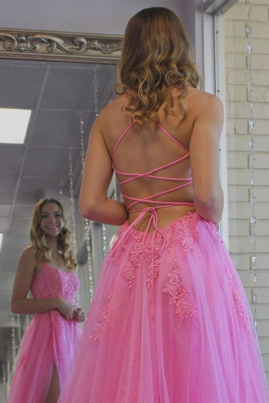 Princess Hot Pink Prom Dresses Lace Tulle Formal Dress Appliqued with Slit MyChicDress