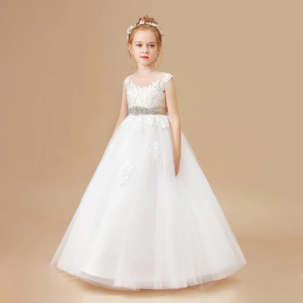 Princess Lace Tulle Crystal Belt Boho Flower Girl Dresses MyChicDress