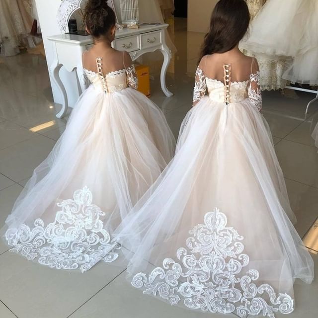 Princess Lace White Flower Girl Dresses Long Sleeves with Bowknot MyChicDress