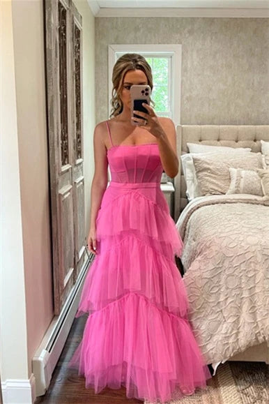 Princess Long Hot Pink Prom Dresses Ruffle 2024 Tiered Formal Dress Spaghetti Straps MyChicDress