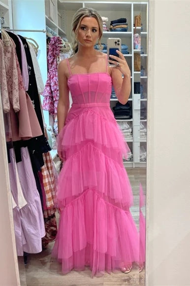 Princess Long Hot Pink Prom Dresses Ruffle 2024 Tiered Formal Dress Spaghetti Straps MyChicDress