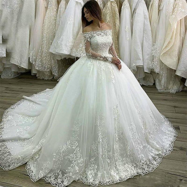 Princess Long Sleeves Off The Shoulder Lace Ball Gown Wedding Dresses US8 Custom Color