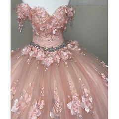 Princess Off the Shoulder Beaded 3D Flowers Pink Quinceanera Dresses Ball Gown MyChicDress