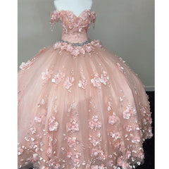 Princess Off the Shoulder Beaded 3D Flowers Pink Quinceanera Dresses Ball Gown MyChicDress