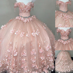 Princess Off the Shoulder Beaded 3D Flowers Pink Quinceanera Dresses Ball Gown MyChicDress