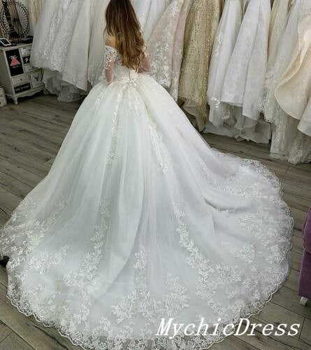 Princess Long Sleeves Off the Shoulder Lace Ball Gown Wedding Dresses ...