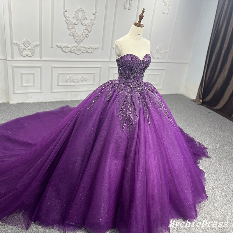 Purple Ball Gown Quince Dresses Tulle Sweetheart Sequin Wedding Dresses For Women MyChicDress