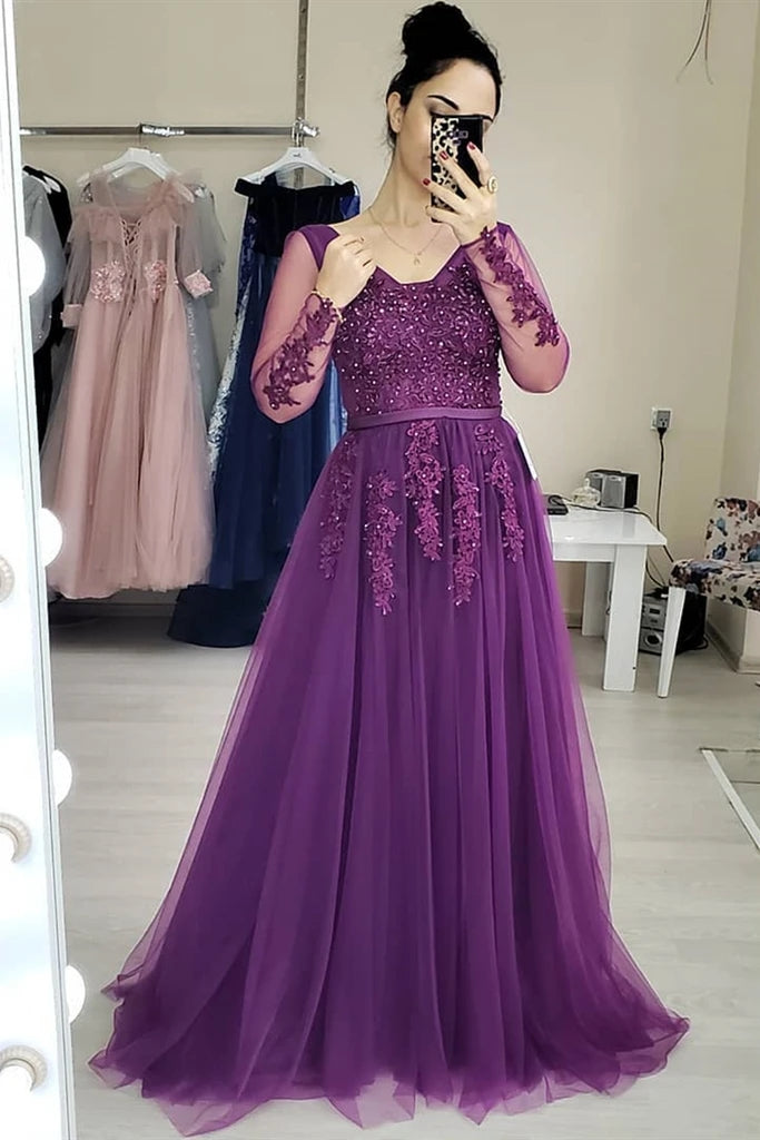 Purple Lace Long Sleeves Prom Dresses Appliques Tulle Evening Gowns MyChicDress