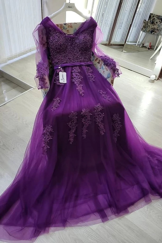 Purple Lace Long Sleeves Prom Dresses Appliques Tulle Evening Gowns MyChicDress