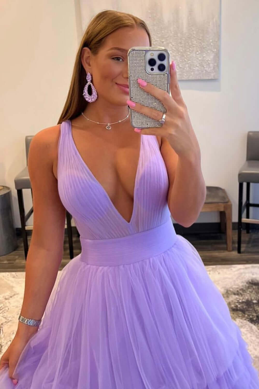 Purple Layered Prom Dresses 2024 Ruffle Plunging Deep V-Neck Tiered Evening Dress MyChicDress