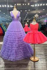 Purple Layered Prom Dresses 2024 Ruffle Plunging Deep V-Neck Tiered Evening Dress MyChicDress