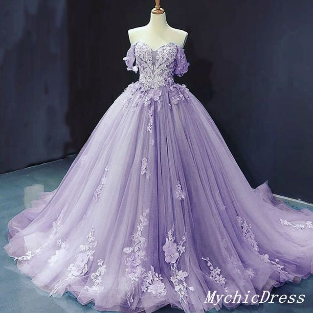 Purple Tulle Sequins Off The Shoulder Appliques Quinceanera Dresses