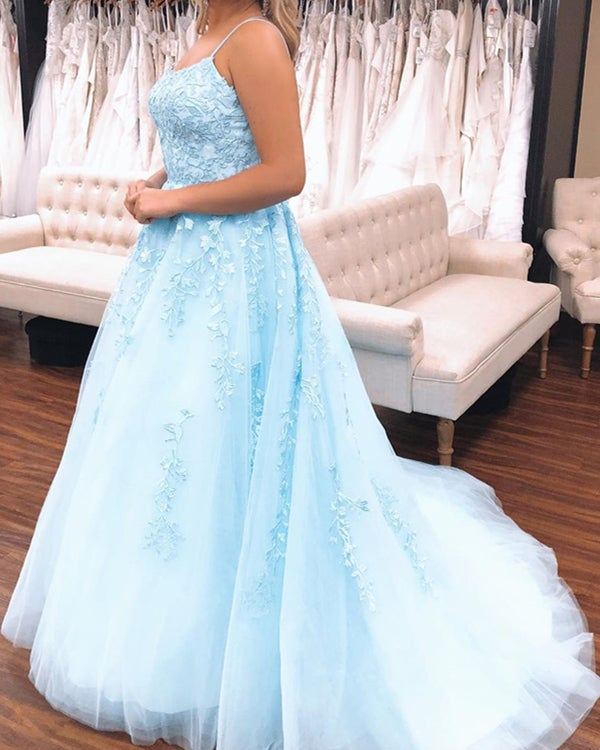 Real A Line Spaghetti Straps Sleeveless Blue Lace Prom Dresses MyChicDress