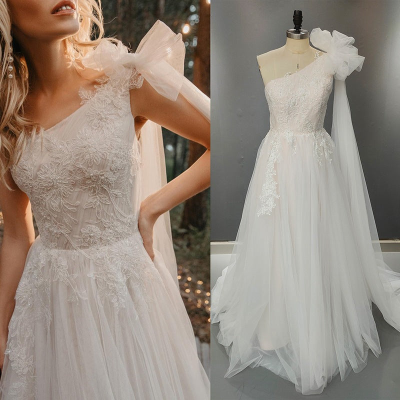 Real A Line Tulle Lace Wedding Dresses One Shoulder with Shawl MyChicDress