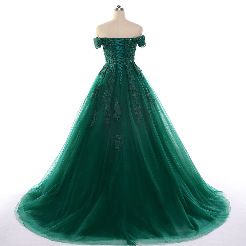 Real Off Shoulder Green Prom Dresses Beaded Appliques Emerald Quince Dress MyChicDress