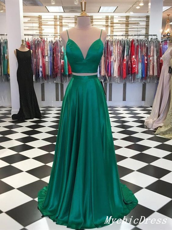 Real Two Piece Emerald Green Prom Dresses UK Simple Evening Dresses MyChicDress