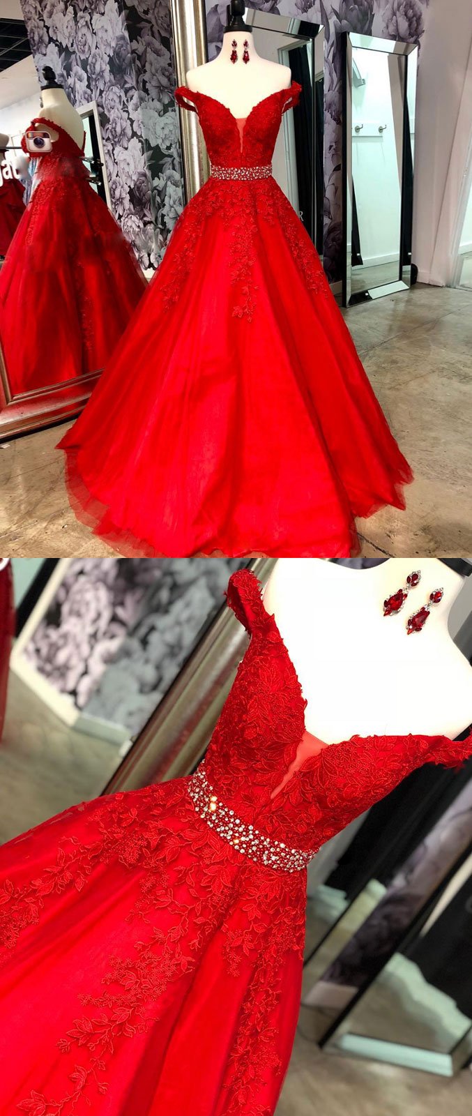 Red Lace Formal Prom Dresses Tulle Off Shoulder Long Beaded Evening Dress MyChicDress