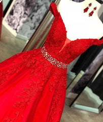 Red Lace Formal Prom Dresses Tulle Off Shoulder Long Beaded Evening Dress MyChicDress