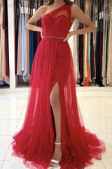 Red Lace Tulle Prom Dresses One Shoulder Mermaid Evening Dresses Sequin Belt MyChicDress