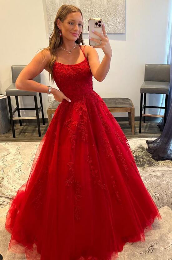 Red Long Lace 2024 Prom Dresses Sexy Spaghetti Straps Formal Dresses MyChicDress