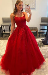 Red Long Lace 2024 Prom Dresses Sexy Spaghetti Straps Formal Dresses MyChicDress