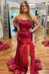 Red Plus Size Sequin Long Prom Dresses Mermaid Strapless Slit with Feather MyChicDress