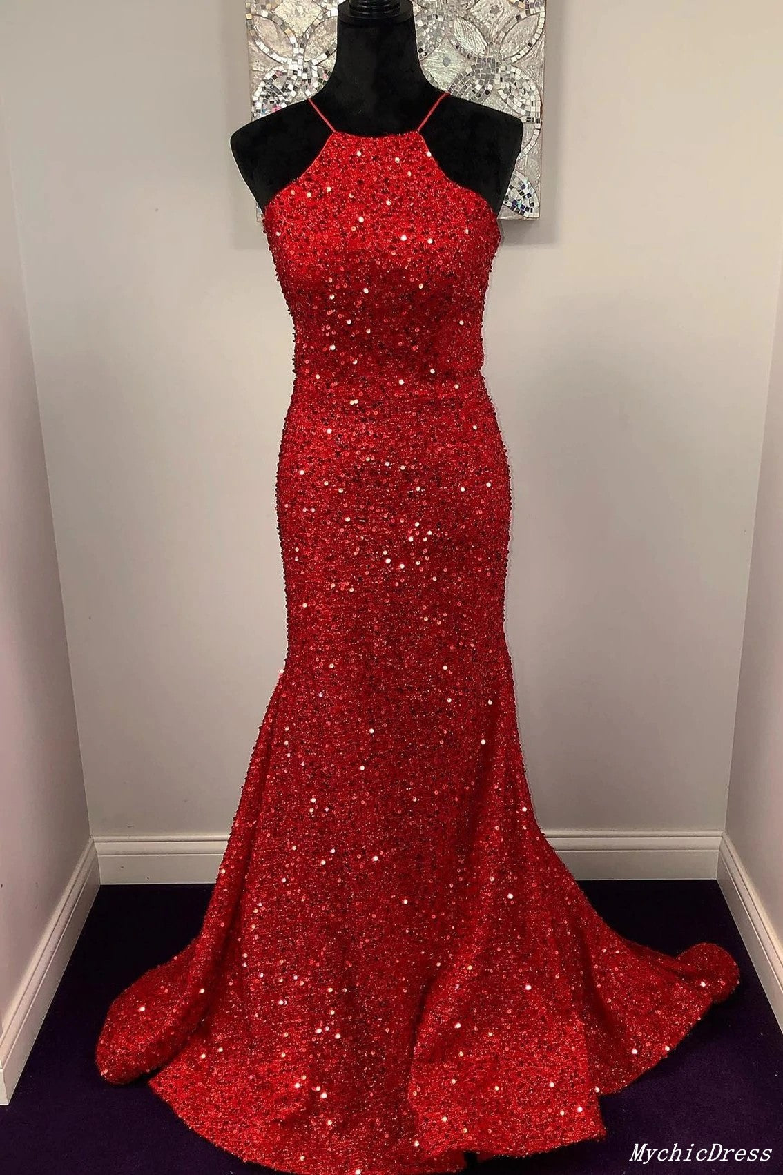 Red Prom Dresses Sequin Halter Long Sleeveless Mermaid Evening Dress MyChicDress