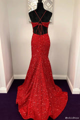 Red Prom Dresses Sequin Halter Long Sleeveless Mermaid Evening Dress MyChicDress