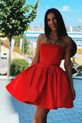 Red Short Homecoming Dresses Satin Sleeveless Mini Hoco Dress MyChicDress