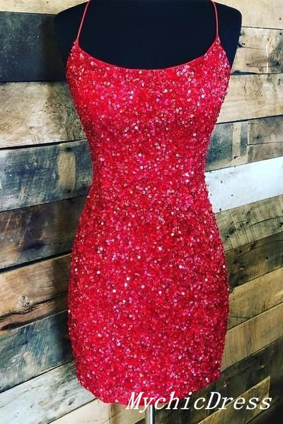 Red Short Homecoming Dresses Sequin Mermaid Hoco Dresses MyChicDress