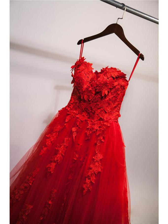 Red Sweetheart Prom Dresses Tulle Applique Ball Gown Quinceanera Dresses MyChicDress