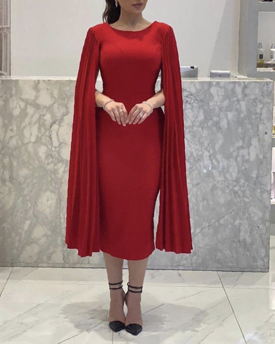 Red Wedding Guest Dress Midi Length Cape Sleeves Homecoming Dresses MyChicDress