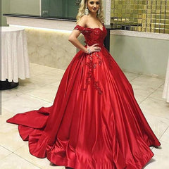 Satin Ball Gown Red Prom Dress Off Shoulder Sweetheart 16 Dresses MyChicDress