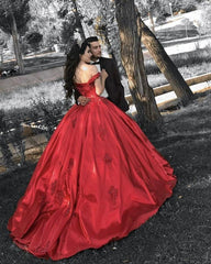 Satin Ball Gown Red Prom Dress Off Shoulder Sweetheart 16 Dresses MyChicDress