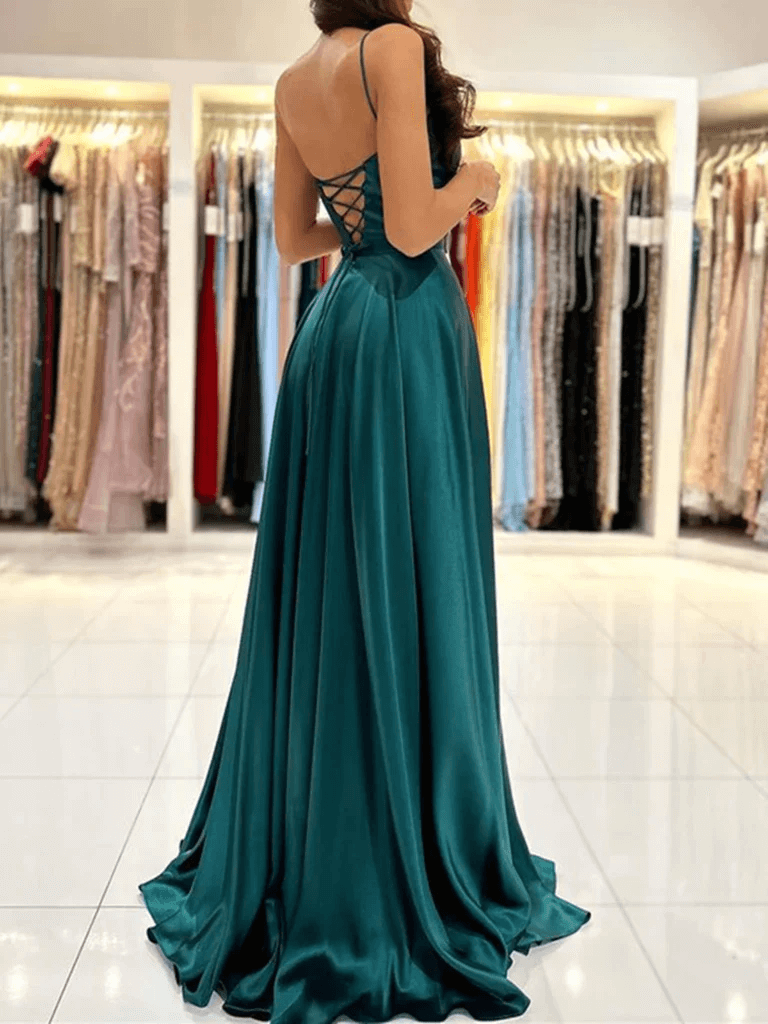 Satin Dark Green Prom Dresses Long Square Evening Dress Backless with High Slit MyChicDress