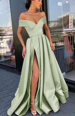 Satin Sage Green Prom Dresses Off Shoulder Sexy V-Neck Long Evening Dress MyChicDress