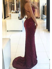 Sequin Burgundy Prom Dresses V Neck Long Mermaid Evening Gowns MyChicDress