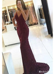 Sequin Burgundy Prom Dresses V Neck Long Mermaid Evening Gowns MyChicDress