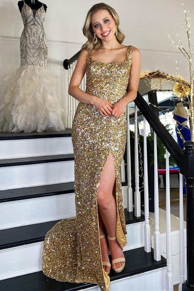 Sequin Gold Square Neck Prom Dresses Mermaid Long Formal Dress Backless with Slit