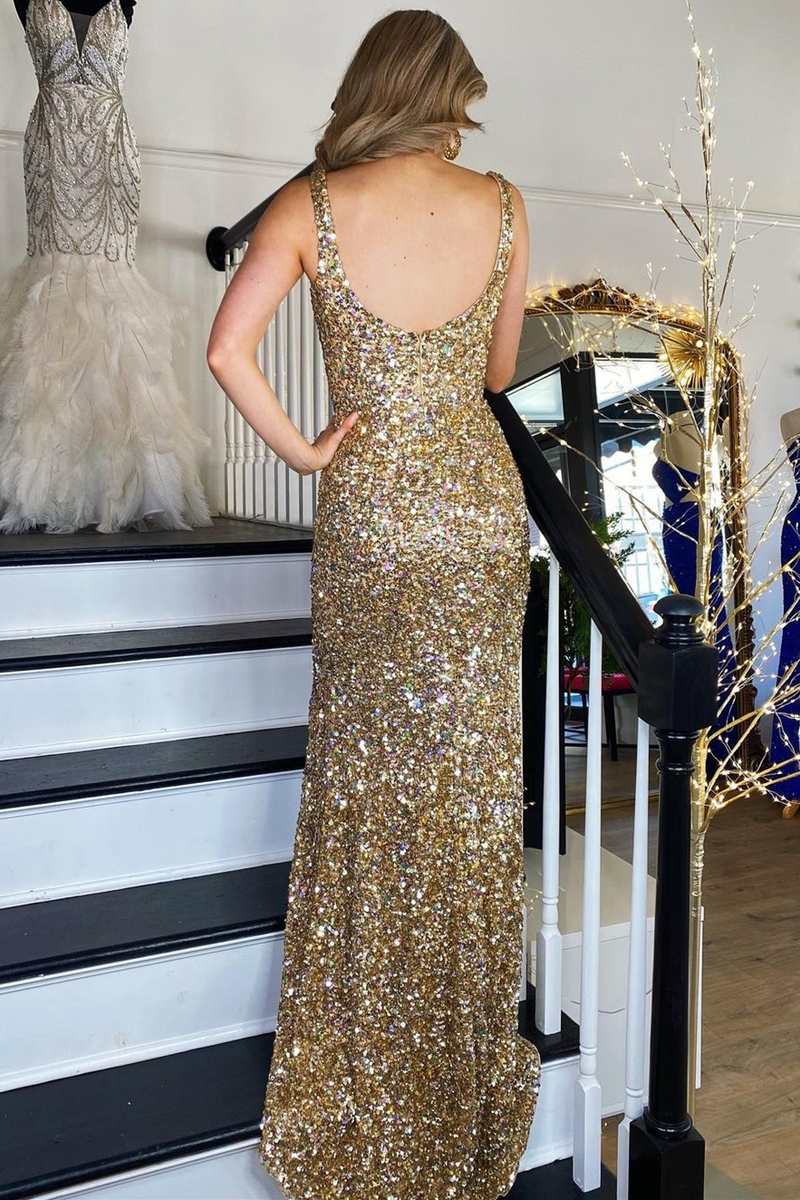 Sequin Gold Square Neck Prom Dresses Mermaid Long Formal Dress Backless with Slit MyChicDress