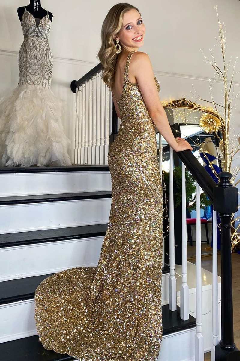 Sequin Gold Square Neck Prom Dresses Mermaid Long Formal Dress Backless with Slit MyChicDress