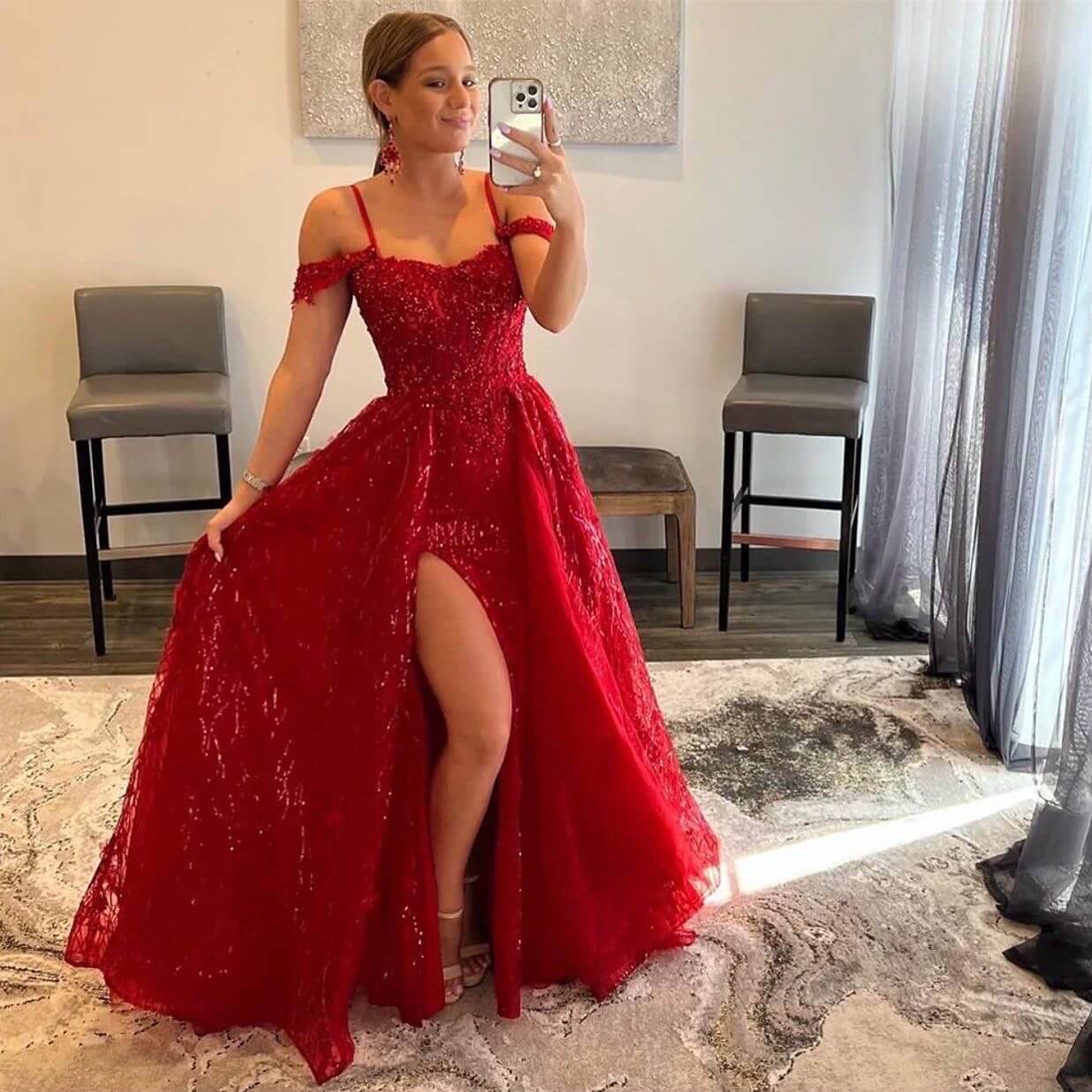 2024 Cheap Red Sequin Lace Prom Dresses Corset Top Off The Shoulder Fo