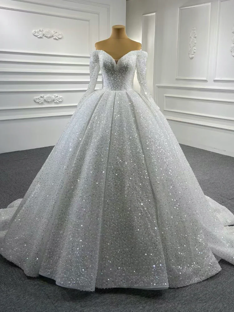 Sparkly Ball Gown Sequin Wedding Dresses With Sleeves